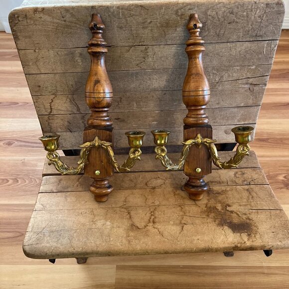 Vintage Wall Wood/Metal Double Arm Leaf Scroll Scone/Candleholders - Picture 6 of 12